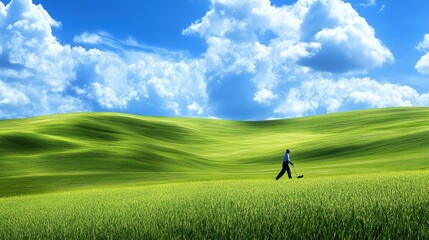 Fototapeta premium Man Walking in Lush Green Field Under Blue Sky