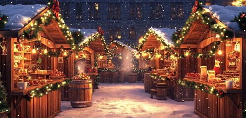 Fototapeta premium A picturesque Christmas market scene, with wooden stalls decorated with garlands and fairy lights. Snow gently falls over the festive decorations.