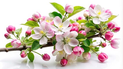 Naklejka premium White background pink and white apple blossoms on a branch with green leaves