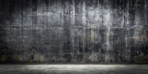 A dimly lit concrete wall with a textured surface and visible imperfections, including small holes and cracks, providing a backdrop for an empty, dark gray concrete floor.