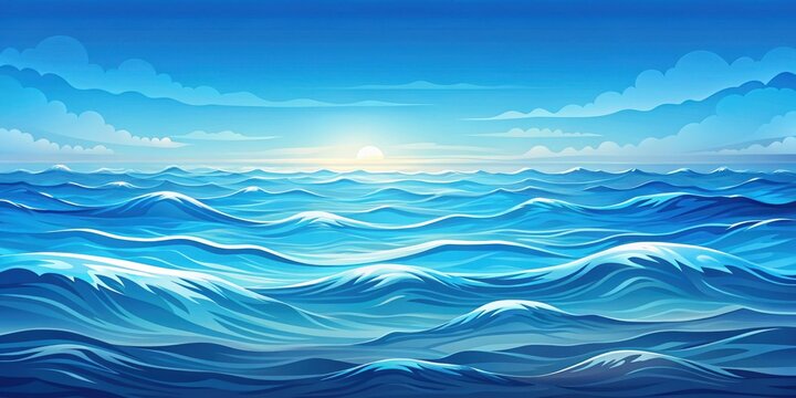 A serene vista of the vast ocean, with rolling waves reaching towards a luminous sky adorned with fluffy clouds