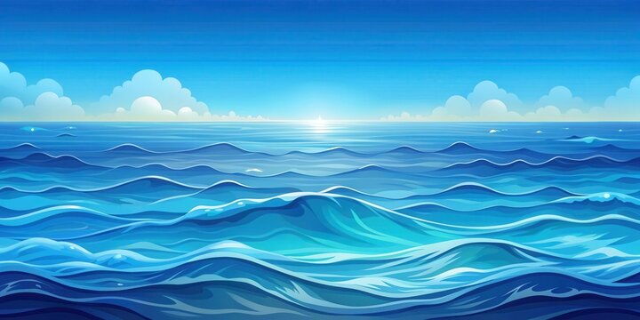 A serene landscape depicting a vast expanse of ocean waves rolling gently beneath a sky adorned with fluffy white clouds, illuminated by the golden glow of the rising sun.