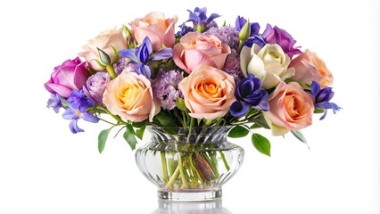 Still life of roses and irises in a crystal vase on white background © Latsamee