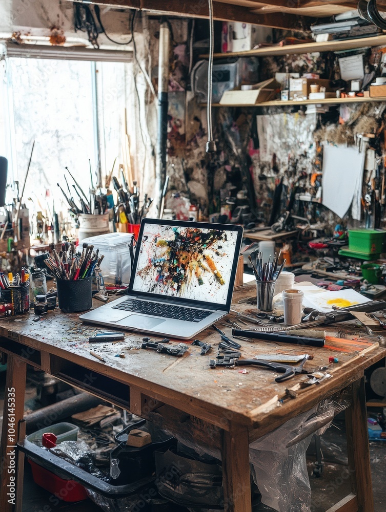 Aufkleber a workspace features a laptop on a wooden table, surrounded by various art tools and materials, illu