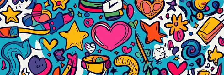 Fototapeta premium A lively composition showcasing a mix of colorful symbols such as stars, hearts, and flowers, bringing an energetic and joyful vibe. Generative AI