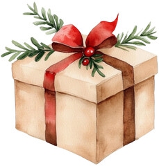 Christmas watercolor gift box with red ribbon and green foliage, rustic and festive design. cut out, png, transparent background.