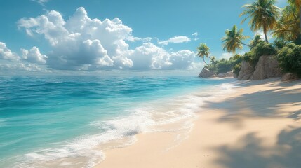 A tropical beach with palm trees swaying and turquoise waves gently hitting the shore.