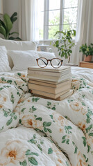 A stack of books with glasses on top, on a bed with white floral bedding.