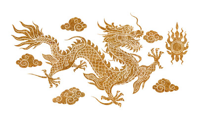 Lucky Chinese dragon graphics marble texture patterns on a flat colored background.