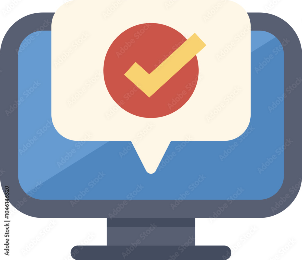 Poster computer screen displaying a notification with a check mark symbolizing online approval
