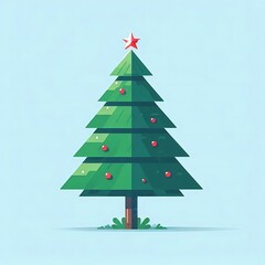 Fototapeta premium Flat, isolated illustration of a festive Christmas tree adorned with colorful ornaments, lights, and a shining star on top. The tree has a classic triangular shape and vibrant green branches. 