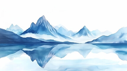 Blue watercolor mountains reflected in a still lake.