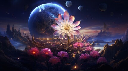 Obraz premium Fantasy Landscape with Blooming Flowers and a Giant Planet