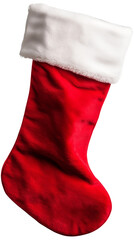 Red Christmas stocking with white trim on a white isolated background. cut out, png, transparent background.
