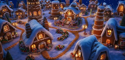 Fototapeta premium A sprawling Christmas village built entirely from gingerbread, with tall towers and sugar windows. 