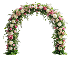 Beautiful wedding flower arch, cut out isolated on white background as transparent. PNG. AI GENERATED.