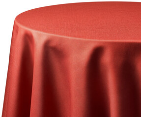Red fabric tablecloth draped over a round table, creating an elegant dining setting. cut out, png, transparent background.