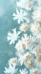 Delicate ice crystals form intricate patterns on a blue background.