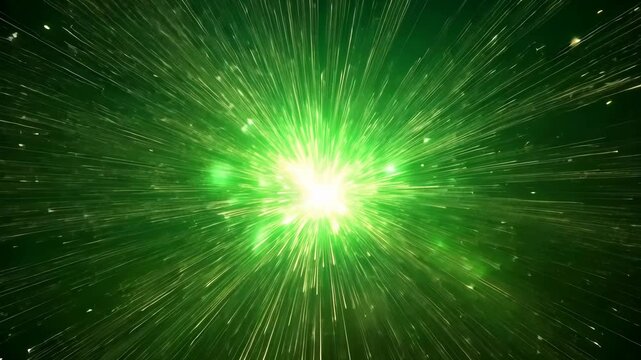 A bright green explosion, with a white core, bursts outward from a black background
