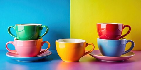 A colorful arrangement of ceramic mugs with handles and saucers on a contrasting blue and yellow background.