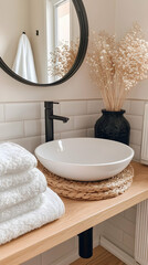 White ceramic sink with black faucet and towels on a wooden counter in a modern bathroom with a round mirror.