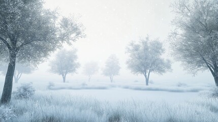 A tranquil snowy meadow surrounded by frost-covered trees. The scene is enveloped in a gentle fog, giving the landscape a soft, ethereal feel. Snowflakes gently fall,