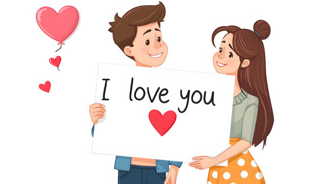 Young couple showing love message written on white board. I love you message. Valentines couple,shallow depth of filed isolated with white highlights, png
