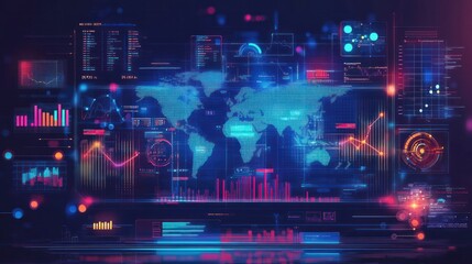 Obraz premium Digital marketing screen with global economic indicators and business performance metrics