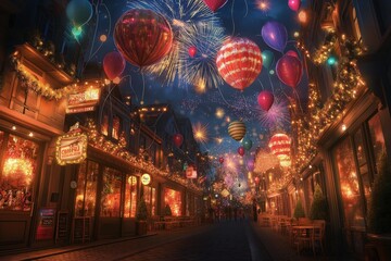 A vibrant street festival with shops and cafes decorated for New Year??s Eve, their facades covered in festive lights and streamers. 