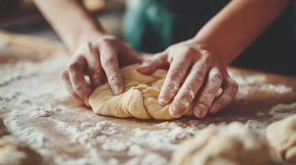 Flour-covered hands expertly knead dough on a wooden surface in a cozy kitchen,creating a perfect blend for baking bread or pastries,copy space