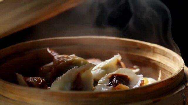 dimsum being boiled in a wooden steamer