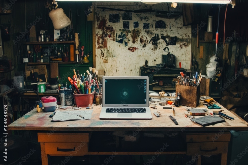 Leinwandbilder a cluttered workspace features a laptop among an array of art supplies, tools, and colorful containe