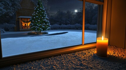 A window view showing a snowy, moonlit yard with the shadow of a sleigh passing overhead. Inside, a candle sits on the windowsill, and a small .