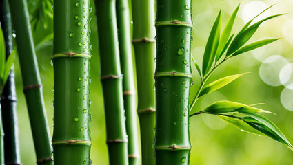Obraz premium Close-up view of fresh green bamboo stalks with water droplets, capturing nature’s purity and serenity, symbolizing growth, strength, and resilience in lush surroundings.