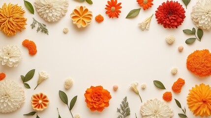 Obraz premium Floral arrangement with orange and white flowers on cream background