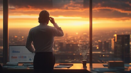 Fototapeta premium The silent struggle of an overworked corporate employee gazing into the distant horizon searching for clarity amidst chaos