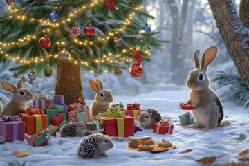 An elegant Christmas party setup in a snowy garden, where rabbits and hedgehogs gather under a decorated tree with lights hanging from the branches. 