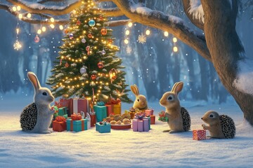 An elegant Christmas party setup in a snowy garden, where rabbits and hedgehogs gather under a decorated tree with lights hanging from the branches.