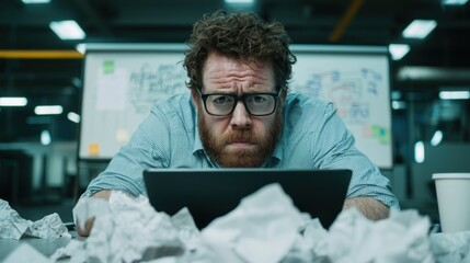 Wornout entrepreneur in a spacious office battling paperwork and digital overload amidst creative chaos