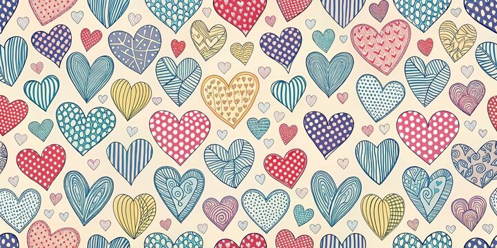 A playful and vibrant pattern of colorful hearts adorned with intricate designs, perfect for adding a touch of love and whimsy to any project.