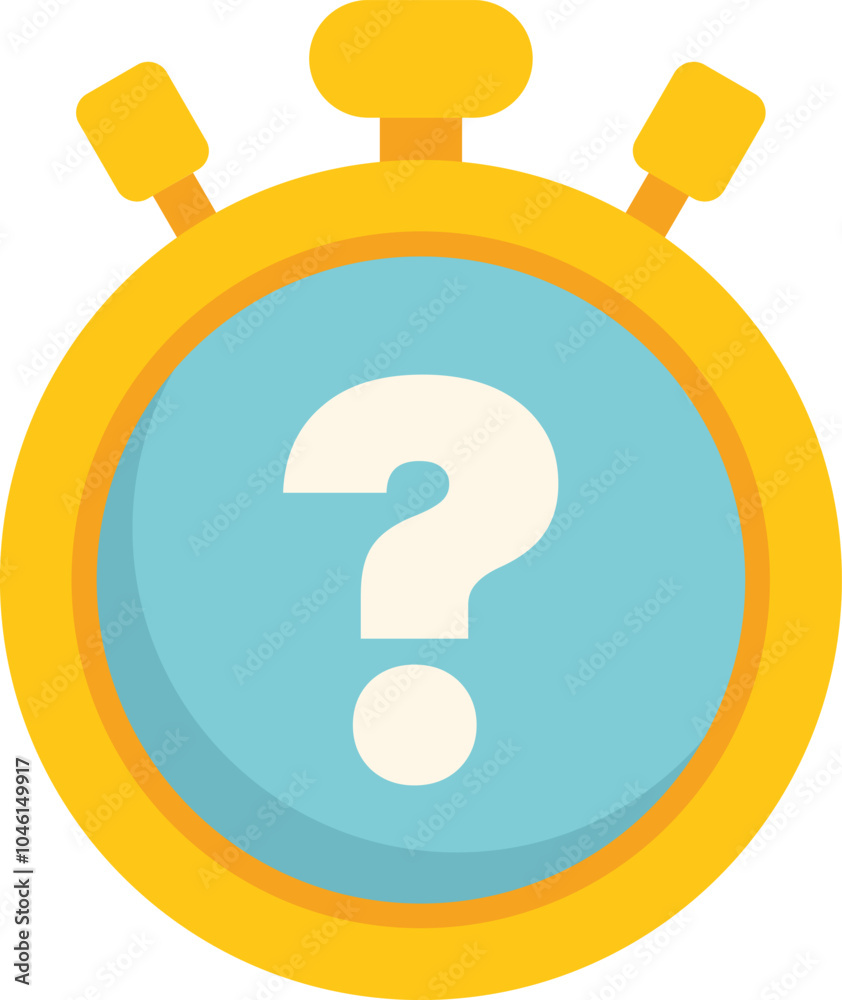 Poster analog stopwatch timer is showing a question mark, concept of time for questions and answers