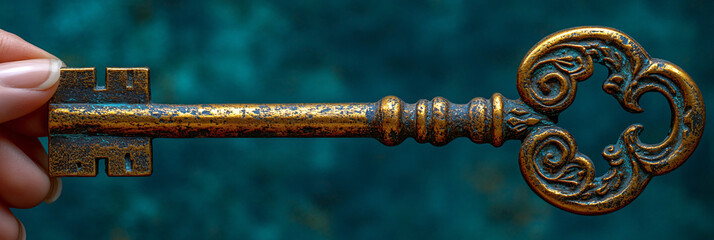 A vintage key held in hand, perfect for themes of unlocking potential or secrets. Ideal for mental health, self-discovery, and motivational content.