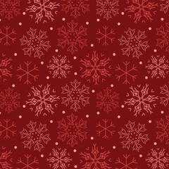 Falling snows and snow crystals and pattern on claret red background