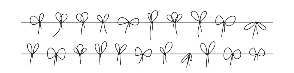 Black bow with tied rope and ribbon knot. Simple line design of string and thread for gift wrapping or marine cord. Flat vector illustration isolated on white background. © Viktoria