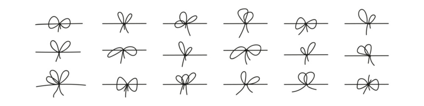 Black bow with tied rope and ribbon knot. Simple line design of string and thread for gift wrapping or marine cord. Flat vector illustration isolated on white background.