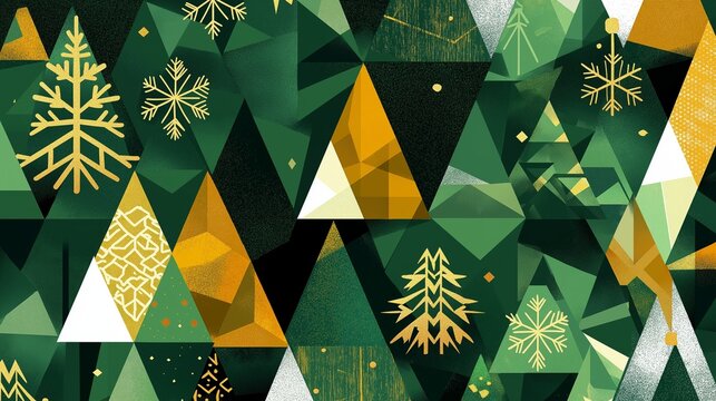 An intricate geometric pattern featuring stylized Christmas trees and snowflakes, using a mix of triangular and hexagonal shapes. 