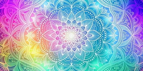 A vibrant and intricate mandala design with a gradient background of soft pastel colors, radiating outward from the center