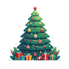 Flat, isolated illustration of a festive Christmas tree adorned with colorful ornaments, lights, and a shining star on top. The tree has a classic triangular shape and vibrant green branches. 