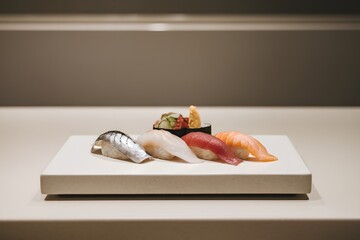 Minimalist Sushi Plate: A single, artfully arranged sushi platter with delicate pieces of nigiri and sashimi placed on a white plate, set in the middle of a simple, clean table for a modern look.