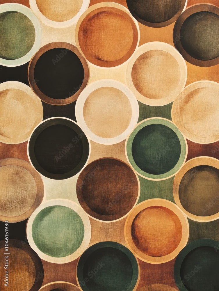 Poster warm brown and green circular shapes mimic tea cups, forming a calming and inviting pattern perfect 